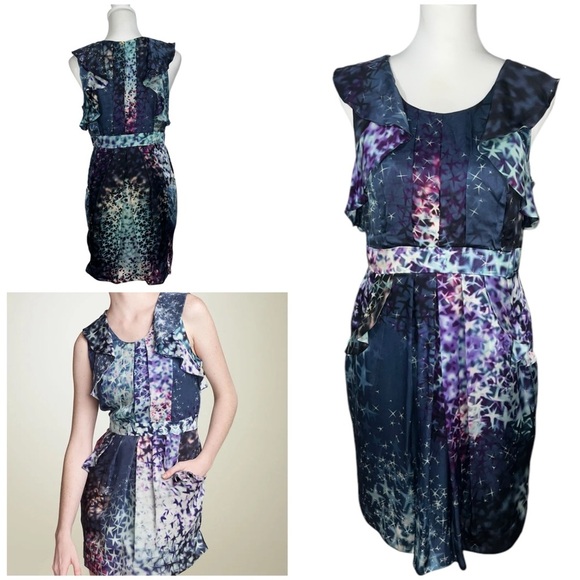 Leifsdottir Anthropologie Supernova Star Tie Dye Galaxy Silk Ruffle Pocket Dress - Picture 1 of 11